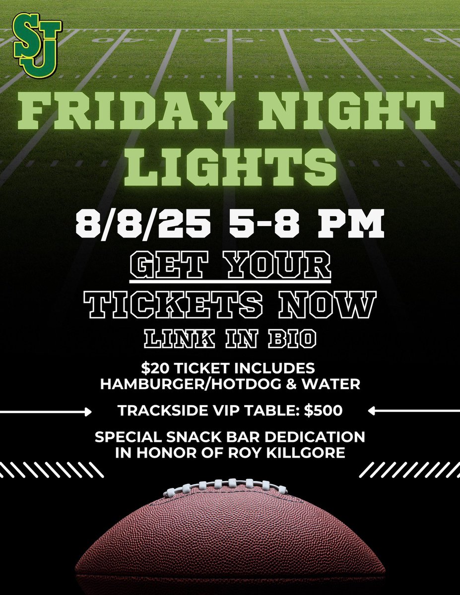 FRIDAY NIGHT LIGHTS is back! 🏈

Join us on 8/8/25 from 5–8 PM for an exciting evening on the field!

-$20 ticket includes a hamburger or hotdog + water
-VIP Trackside Table: $500
-Special Snack Bar Dedication in honor of Roy Killgore

Link to buy tickets in bio!
#wearesj