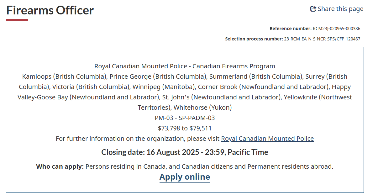 CanadianGrayMan's tweet image. Government of Canada has posted "a pool of jobs to be filled:
@CCFR_CCDAF @TWilsonOttawa
Firearms Officer
emploisfp-psjobs.cfp-psc.gc.ca/psrs-srfp/appl…
Firearms Agent (this is new?)
emploisfp-psjobs.cfp-psc.gc.ca/psrs-srfp/appl…