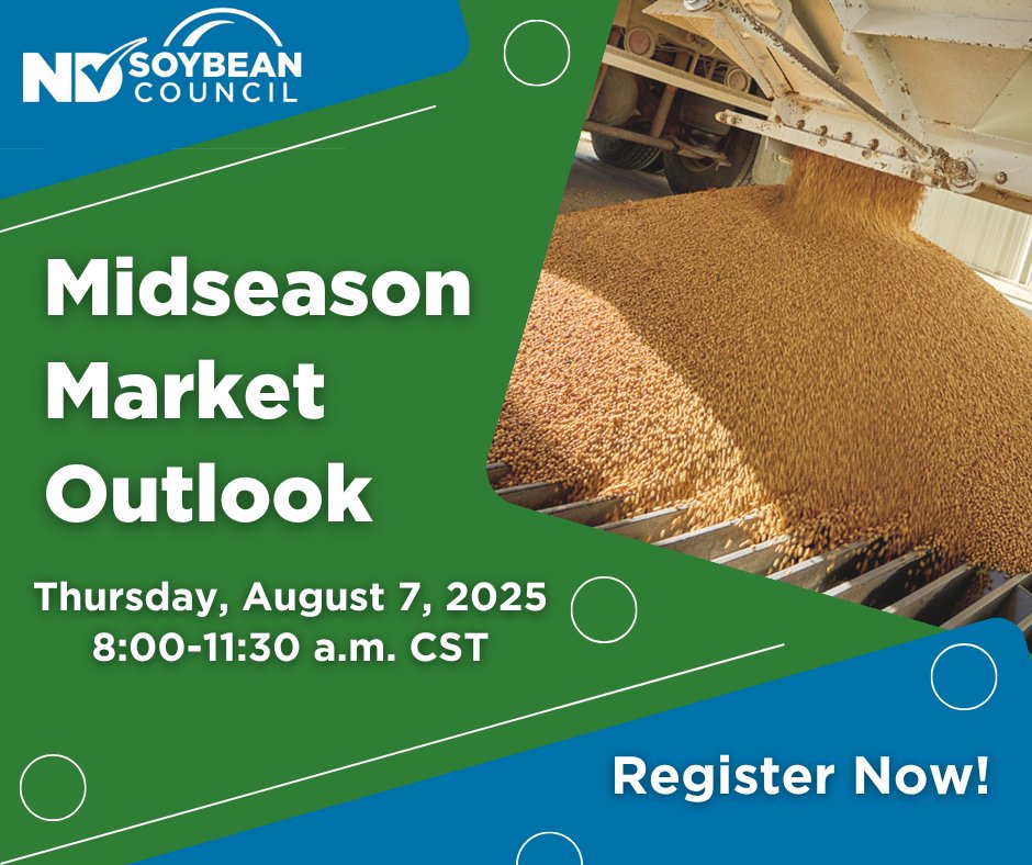 NDSoybean's tweet image. Coming Soon!
Don't forget to register for the Midseason Market Outlook Webinar!
Register before August 4, 2025: bit.ly/NDSCregisterMi…