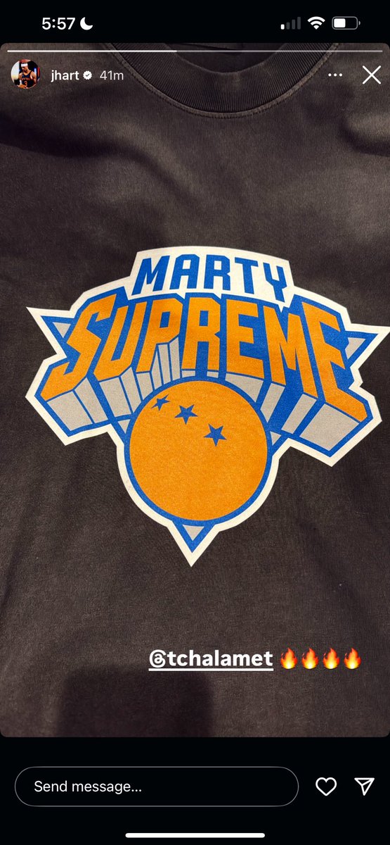 OneTakeNews's tweet image. Josh Hart shares a photo of ‘MARTY SUPREME’ merchandise from Timothée Chalamet.