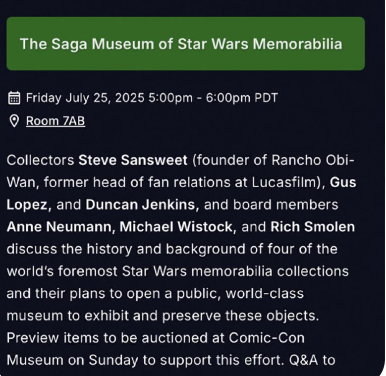 TheSagaMuseum's tweet image. If you’re attending #SDCC be sure to come see our panel to learn more about The Saga Museum Initiative of @RanchoObiWan this Friday July 25th at 5pm in Room 7AB! comiccon2025.sched.com/event/26zCw/th…
#SDCC25 #StarWars #TheSagaMuseum #SDCC2025