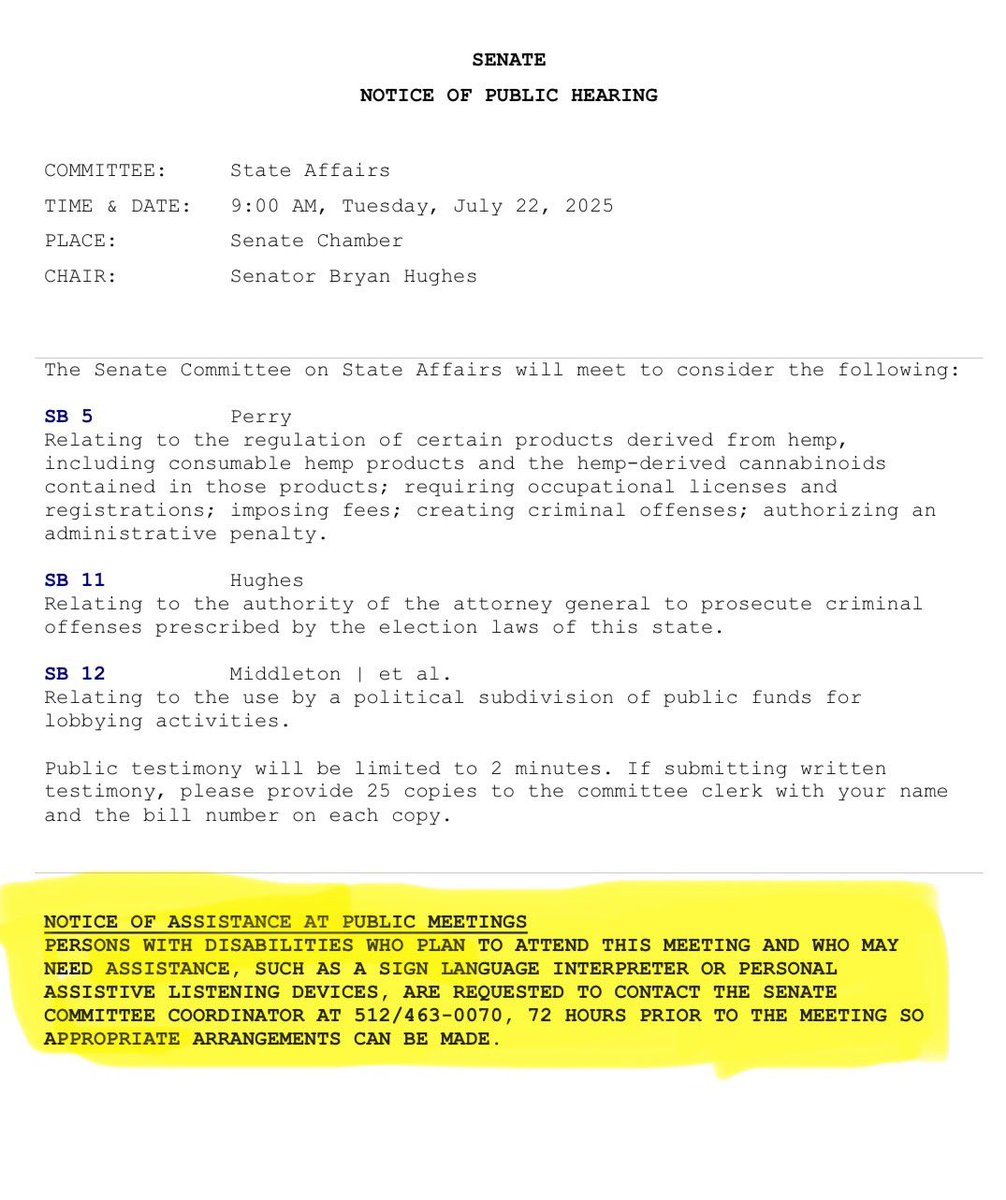 matlockfortexas's tweet image. I want to ask, who benefits the most from hemp? People with disabilities. The Senate voted to waive the rule of notice, which was direct violation of the Persons With Disabilities Act. There wasn’t even a link to submit written testimony. @KenPaxtonTX #hemp #SB5 #sb11 #sb12…