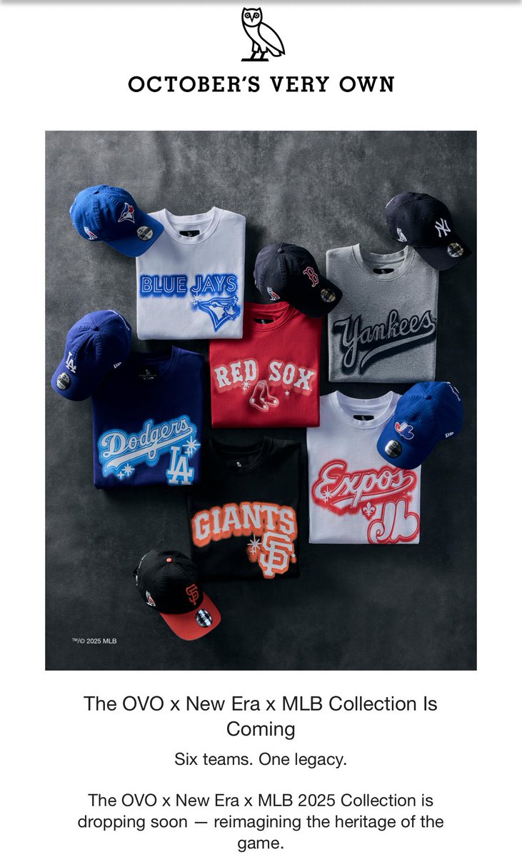hiphopunison's tweet image. Whoever running OVO bts needs a raise. The collabs the past few years have been wicked and every execution sells that limited feel. OVO x MLB x New Era with Yankees, LA Dodgers, Blue Jays, Red Sox, Giants and a throwback to Expos 🦉 ⚾️ 🔥