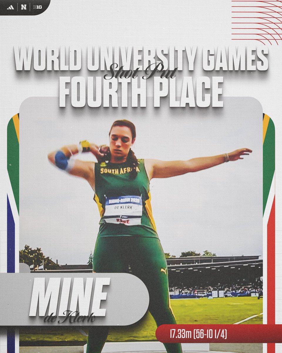 HuskerTFXC's tweet image. Representing the Big Red well on the world stage! 👏🌍
Miné de Klerk finishes FOURTH at the World University Games with a throw of 17.33m (56-10 ¼), just one cm off of bronze.