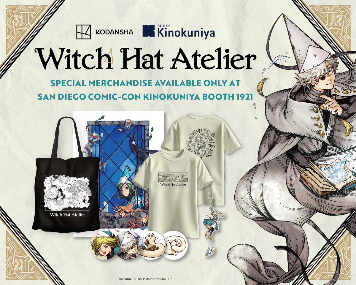 KinokuniyaUSA's tweet image. We’re excited to announce that we are returning to San Diego Comic-Con with another collaboration between Witch Hat Atelier, Kodansha, and Kinokuniya! 🧙♀️
Discover the magic with our special merchandise featuring breathtaking illustrations by manga artist Kamome Shirahama…