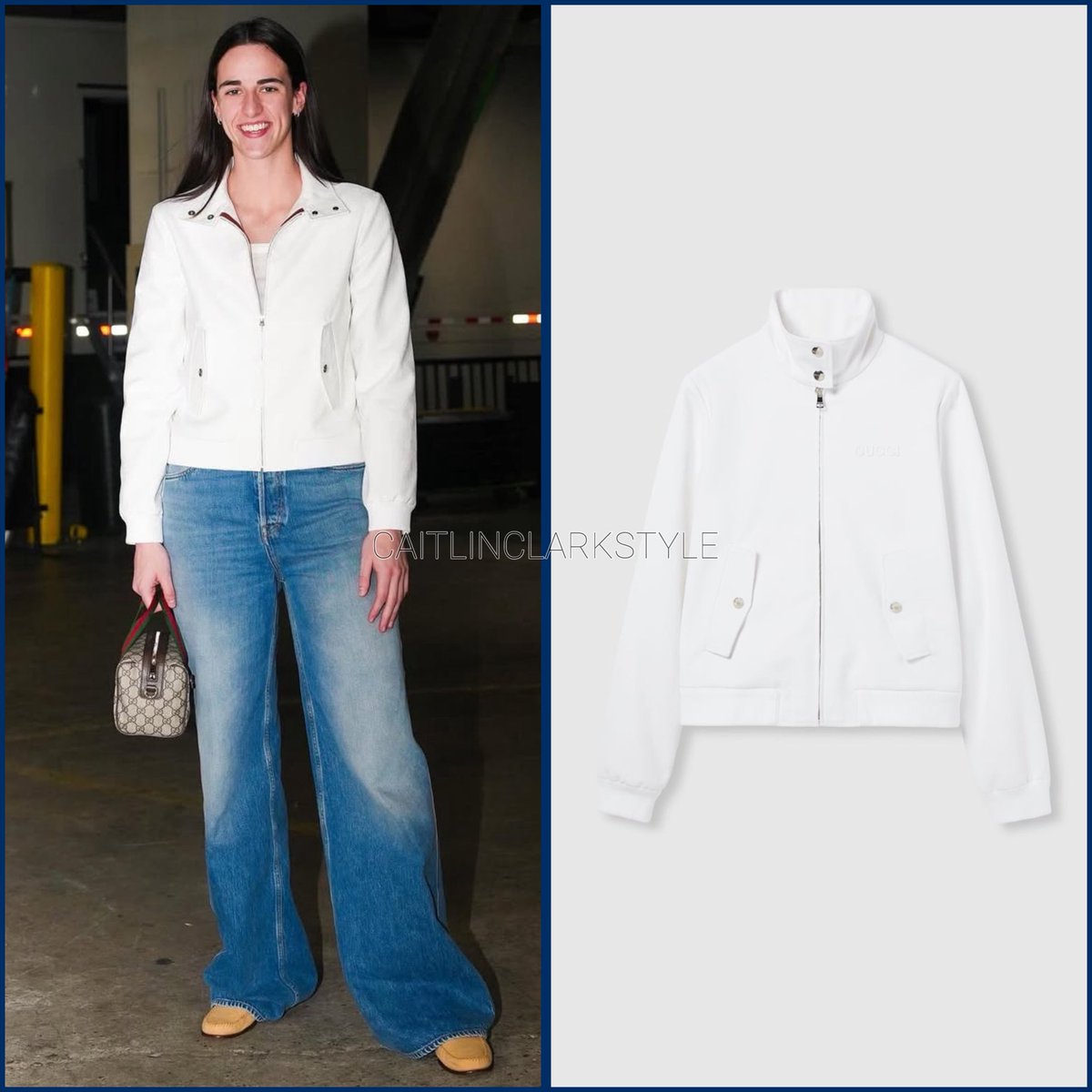 caitlinclarksty's tweet image. July 22, 2025: @CaitlinClark22 at Fever vs Liberty | Brooklyn, New York | wearing @gucci GG jacquard zip jacket. Shop: $2300 go.shopmy.us/p-21625587 #guccipartner
Caitlin is fitted in a Gucci zip jacket with a light GG jacquard print and a stand collar snap closure.
