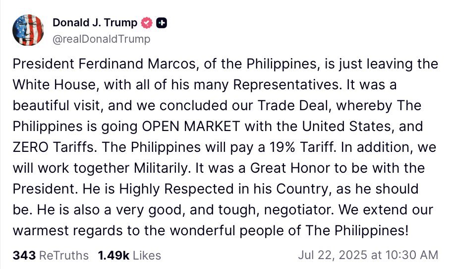 BlackLabelAdvsr's tweet image. Philippines trade deal signed and delivered!
0% on American products going into the Philippines.
19% on anything coming into America.
This is what winning looks like. I’m not sure how we keep getting everyone to agree to our demands but something is obviously working!