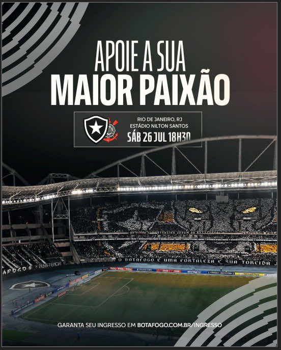 Botafogo's tweet image. SÁBADÃO NO NILTON SANTOS! 🏟️🔥
Venha apoiar o Glorioso no duelo com o Corinthians, Fogão! Vamos todos juntos em busca dos três pontos! 👊🏽🌟 #VamosBOTAFOGO
🎫 Acesse botafogo.com.br/ingresso e garanta o seu lugar!
