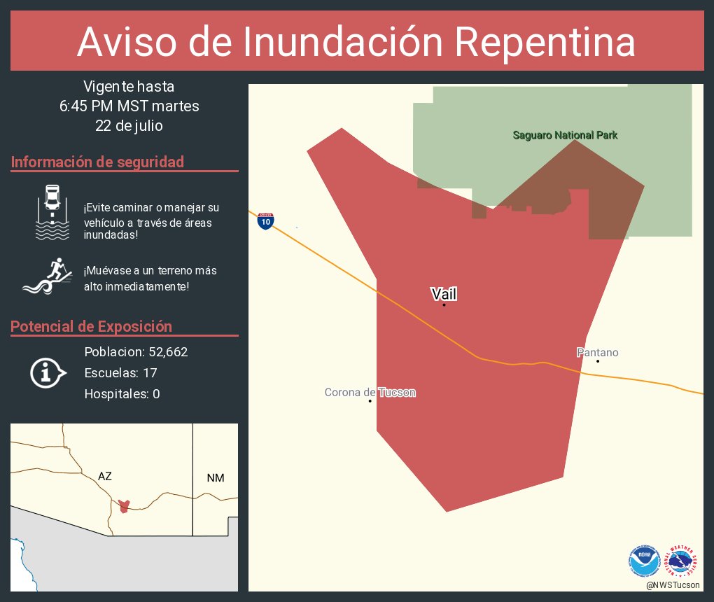 NWSTucson's tweet image. Aviso de Inundación Repentina incluye Vail AZ hasta las 6:45 PM MST