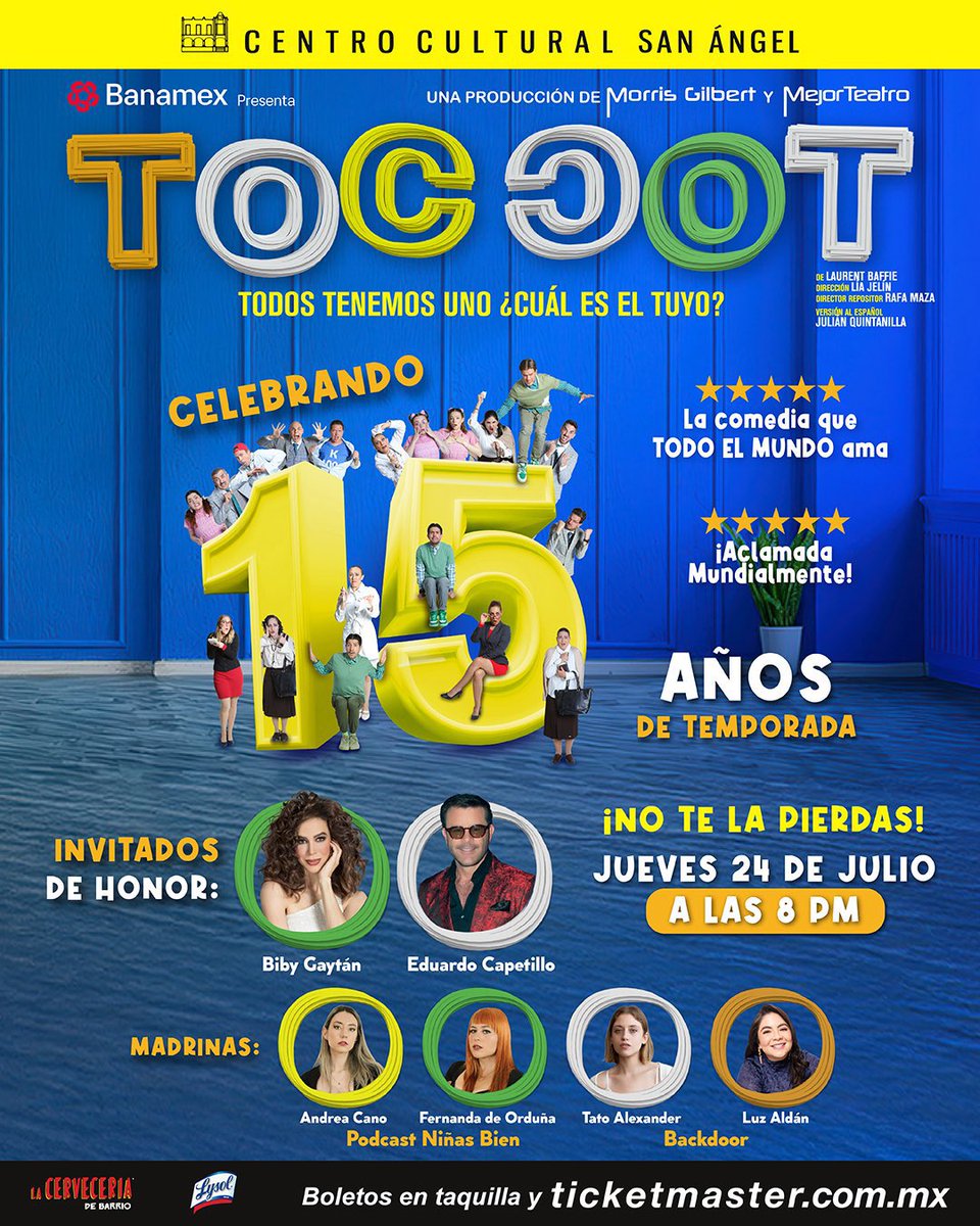 Loyolus 🎭🎬📺🎶 (@soy_loyolus) on Twitter photo TOC TOC celebrará este 24 de julio 15 años en cartelera. El festejo se realizará en el <a href="/teatrolopeztars/">Teatro López Tarso</a> a las 20:00 horas.
Biby Gaytán y Eduardo Capetillo serán los invitados de honor.
Andrea Cano, Fernanda de Orduña, Tato Alexander y Luz Aldán serán las madrinas de lujo. TOC TOC celebrará este 24 de julio 15 años en cartelera. El festejo se realizará en el <a href="/teatrolopeztars/">Teatro López Tarso</a> a las 20:00 horas.
Biby Gaytán y Eduardo Capetillo serán los invitados de honor.
Andrea Cano, Fernanda de Orduña, Tato Alexander y Luz Aldán serán las madrinas de lujo.