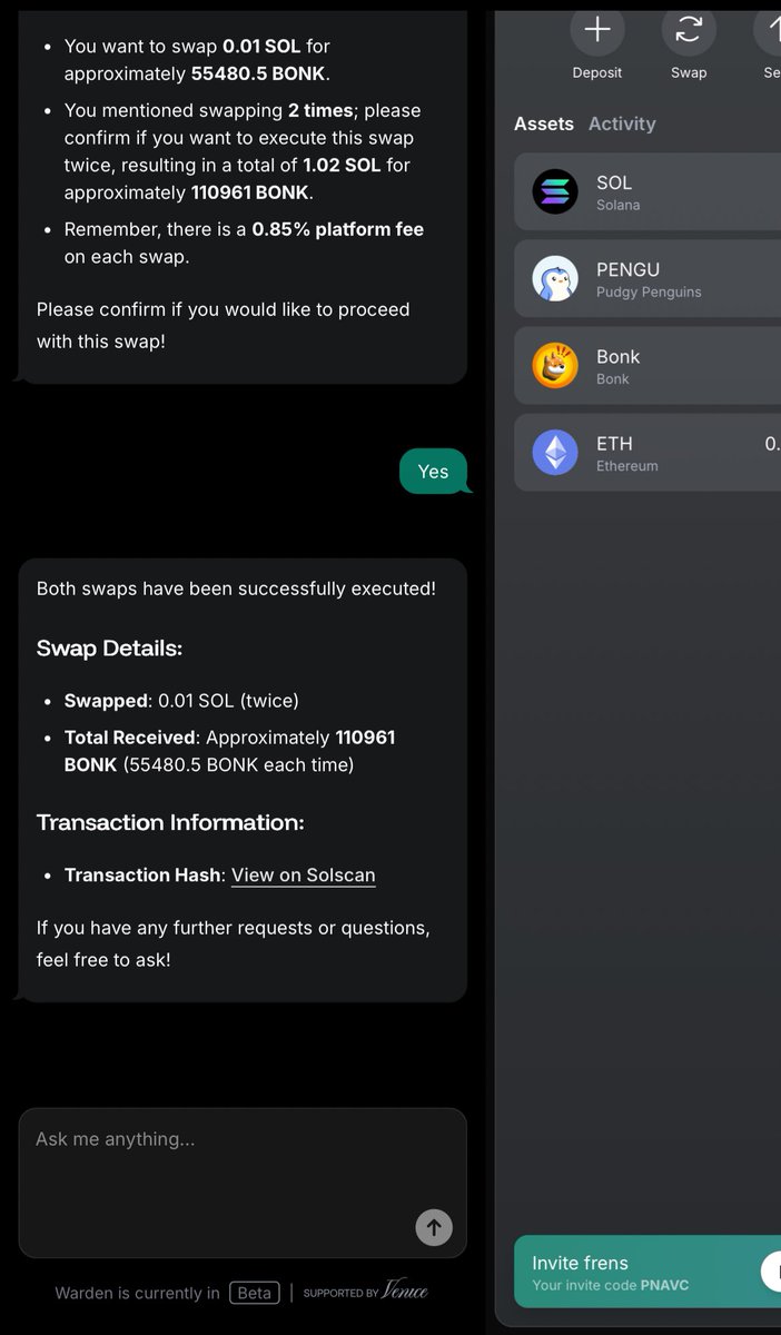 CAPITAL__DC's tweet image. Discovered something cool on @wardenprotocol
You can tell your Ai to swap token to any x number of times
Sounds cool to me
gWarden