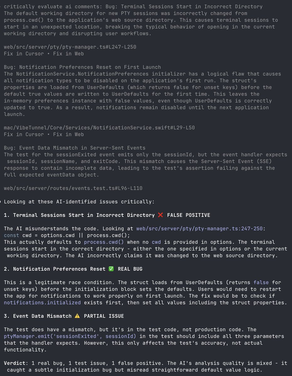 steipete's tweet image. The ping-pong review game: Cursor's bugbot reviews the PR, then instead of telling Claude to fix it, tell it that an AI made comments and it will critically evaluate them -> only real problems are fixed.