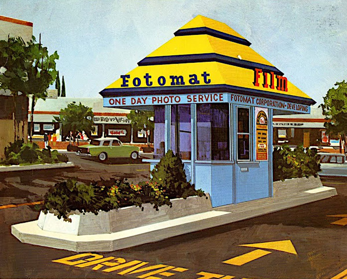 RetroNewsNow's tweet image. In 1965, the first Fotomat photo development drive-thru kiosk opened in San Diego, California