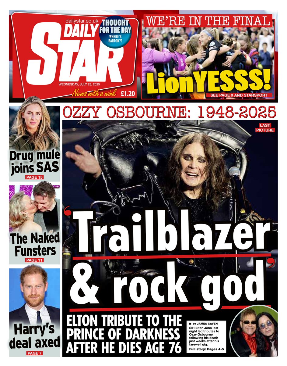 AndyGibsonTV's tweet image. "TRAILBLAZER & ROCK GOD"
@JimmyACaven for @DailyStar
Sir #EltonJohn led tributes to #OzzyOsbourne following his death just weeks after his #FarewellGig.
#DailyStar
#TomorrowsPapersToday
#IBPAPERS