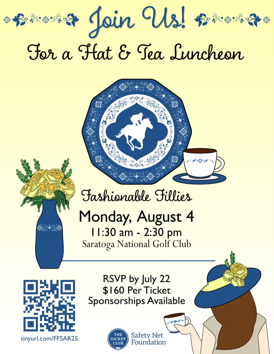 ABRLive's tweet image. Mark your calendars! 💐 On Aug. 4, the @TJC_SafetyNet will honor Lindsay Czarniak at the Fashionable Fillies Luncheon at Saratoga National Golf Club.
Celebrate women in racing, support a great cause, and enjoy an afternoon tea party!
🎟️ Tickets: loom.ly/R2O7eTc