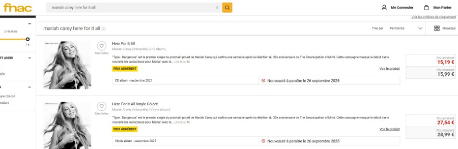 gillesakacake's tweet image. Lambs, @MariahCarey's #HereForItAll CD and Vinyl available for pre-order on FNAC stores, check the store in your country (screencap from the Belgian store)