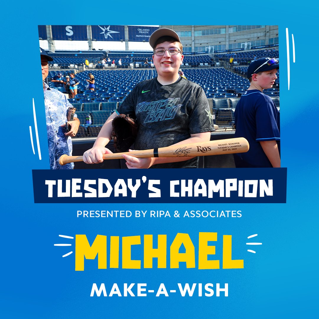 RaysBaseball's tweet image. Welcome to today鈥檚 Tuesday鈥檚 Champion, Michael!
From @makeawishsfla, Michael was diagnosed with Hodgkin lymphoma, but is now cancer-free. He joined our guys for BP and pre-game festivities! His favorite thing to do? Cheer on the Rays!