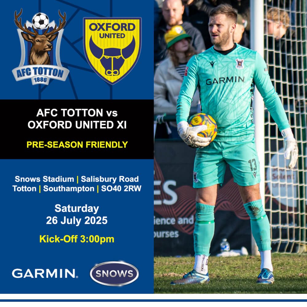 AFCTotton's tweet image. OXFORD ON THE WAY 🦌💙
We’ve got just 2 more friendlies to go before the season kicks off - come and join us on Saturday afternoon as we welcome Oxford United to the Snows Stadium.
Another chance to see all our new signings in action and to see how the team are preparing for…
