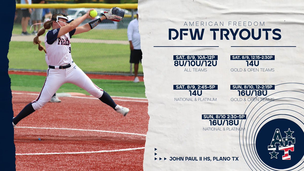 American Freedom Softball (@afsball) on Twitter photo Calling all players! The AF DFW/NTX Tryouts are Aug. 9 & 10. All 8u to 18u teams will be attending.  #StrongAF #BeBetter
Registration - docs.google.com/forms/d/e/1FAI… Calling all players! The AF DFW/NTX Tryouts are Aug. 9 & 10. All 8u to 18u teams will be attending.  #StrongAF #BeBetter
Registration - docs.google.com/forms/d/e/1FAI…