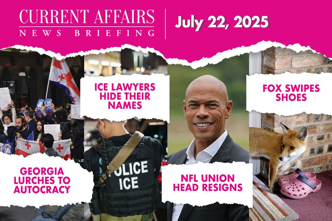 curaffairs's tweet image. July 22nd, 2025 ❧ Current Affairs News Briefing
🦩 ICE lawyers hide their names
🦩 SCOTUS operates in the shadows
🦩 NFL's player union president resigns
And much more!
currentaffairs.org/briefing