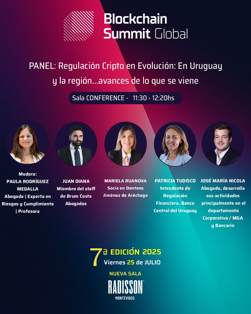TheBSGlobal's tweet image. ⚖️ ¿Cómo evoluciona la regulación cripto en Uruguay y la región?
Con referentes del BCU, estudios jurídicos y el sector tech.
🕦 11:30 - 12:20hs
📅 25 de julio
📍 Radisson Montevideo
🎟️ lnkd.in/dPP7_a-C
#BlockchainSummitGlobal2025
