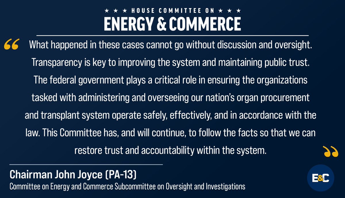 HouseCommerce's tweet image. Today, Chairman @RepJohnJoyce held his first hearing as chairman of the O&I Subcommittee on the organ procurement and transplant system.
Ensuring that safety protocols are followed and patients are protected remains a top priority.
Read excerpts and more from today’s…