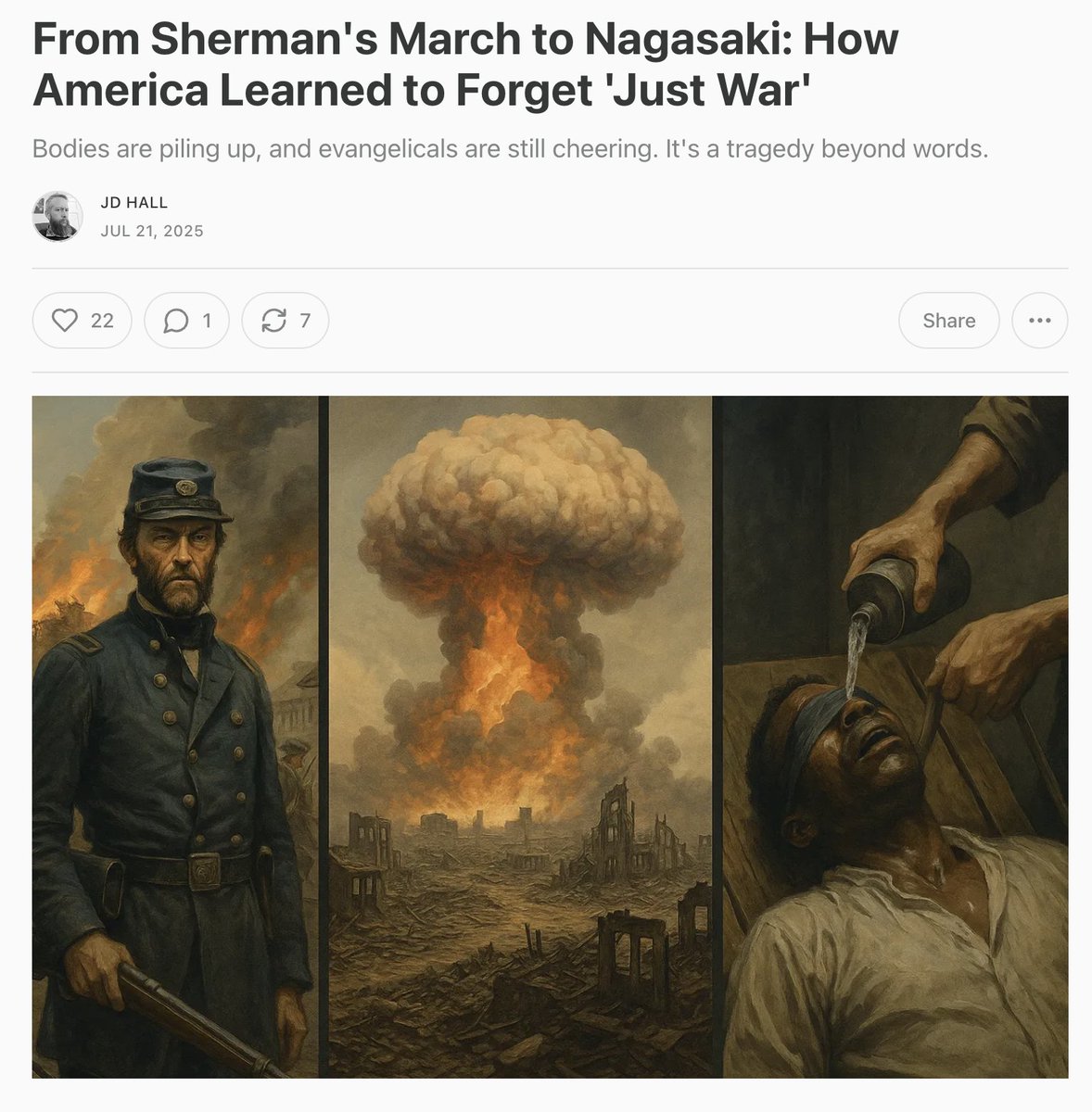 LostMyHats's tweet image. "Just War Theory is not idealistic fluff. It is the scaffolding that has held together Christian civilization’s approach to conflict for centuries. It recognizes that war, when it must be fought, must still honor God. It demands proportionality, clear objectives, the protection…