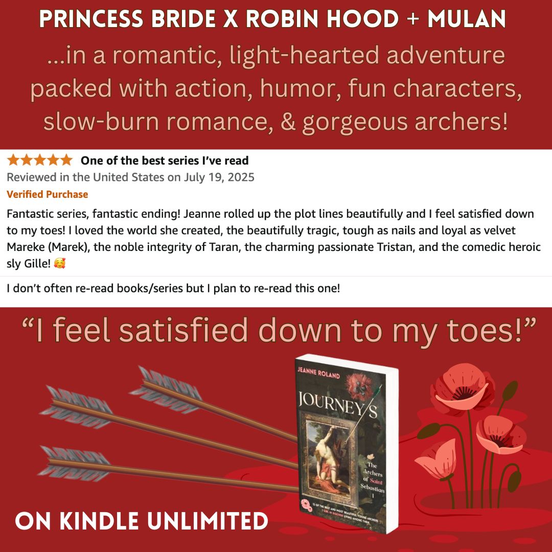 booksbyJeanneR's tweet image. ⭐️⭐️⭐️⭐️⭐️ "This story has it all—a heroine to root for, intrigue, romance, humor, archery, & swoon-worthy boys!"
mybook.to/MyArchersSeries
🔥IMMERSIVE, LIGHT-HEARTED, ROMANTIC, & 100% ORIGINAL!💞🏹💞
15-year-old Marieke disguises herself as a boy at the all-male archers' guild…