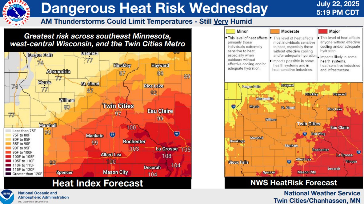 ReadyStPaul's tweet image. Another round of dangerous heat and humidity is on deck for Wednesday. A heat advisory has been issued. It goes into effect at noon and will continue through 8 PM. There is a slight risk for severe storms too. #mnwx
