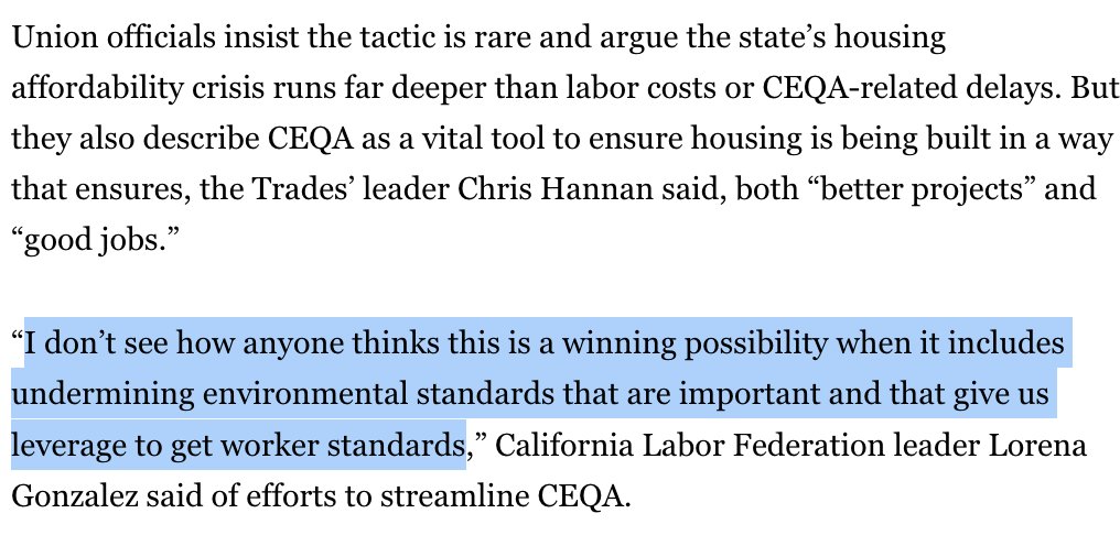 Labor leader objects to CEQA reforms that "undermine enviro standards that are important &amp; that give us leverage."

Um, if they were actually important, they wouldn't give you leverage. 

1/2