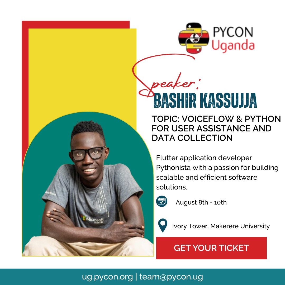 pyconuganda's tweet image. PyCon Uganda 2025 speaker: Bashir Kassujja
Topic: "Voiceflow & Python for User Assistance and Data Collection."
Voiceflow + Python = smarter conversations, better data!
Register: ug.pycon.org
#PyConUganda2025 #PyCon #PyConUganda