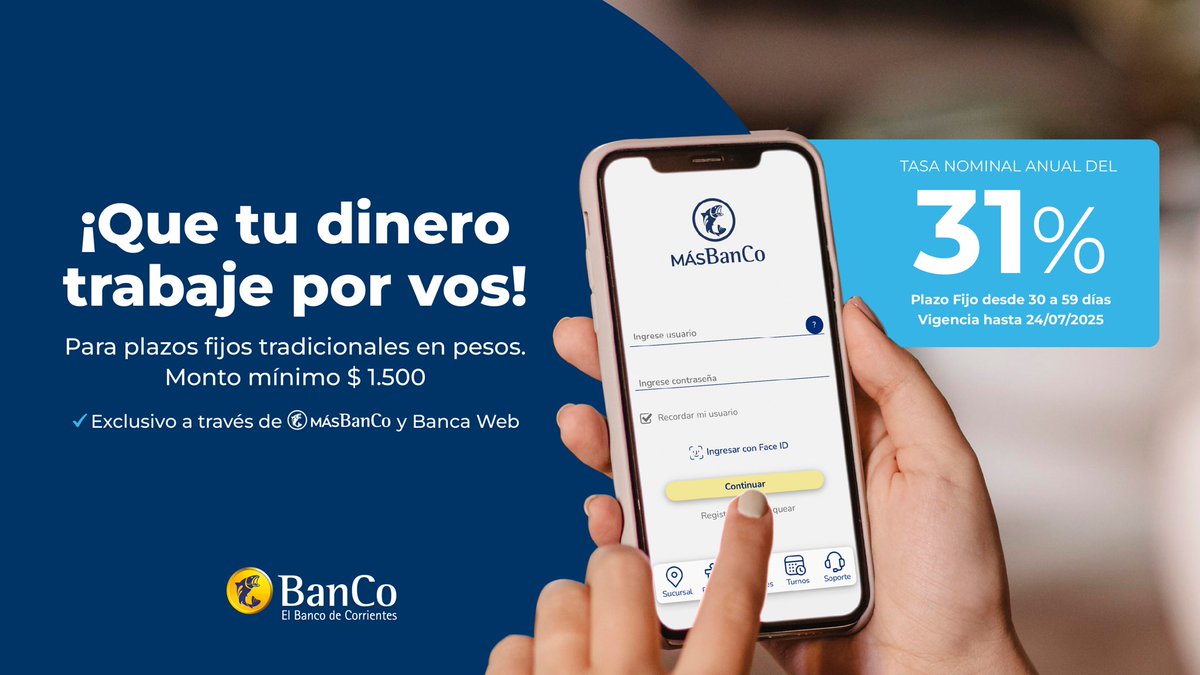 BancodeCtes's tweet image. Hacé rendir tus ahorros sin moverte de casa 💰🏡

Constituí tu plazo fijo desde la app MásBanCo o la Banca Web y aprovechá una tasa del 31% 📲

📅 Vigente hasta el 24/07/2025