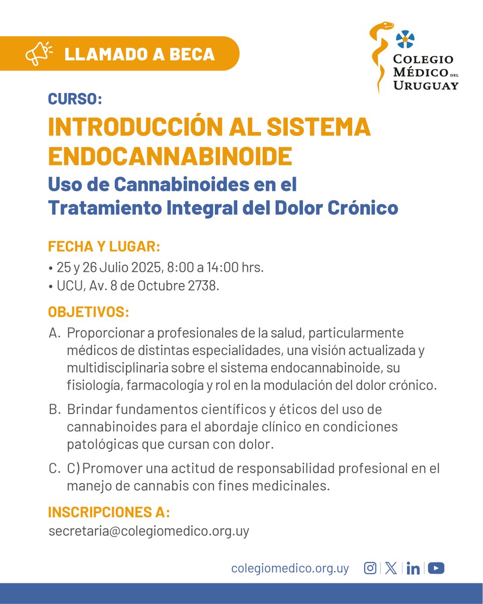 ¡Llamado a beca!
Los invitamos a postularse a una beca para el curso: "Introducción al Sistema Endocannabinoide. Uso de Cannabinoides en el Tratamiento Integral del Dolor Crónico", dictado por la <a href="/UCUoficial/">Universidad Católica</a>.

✏️ Postulaciones escribiendo a secretaria@colegiomedico.org.uy