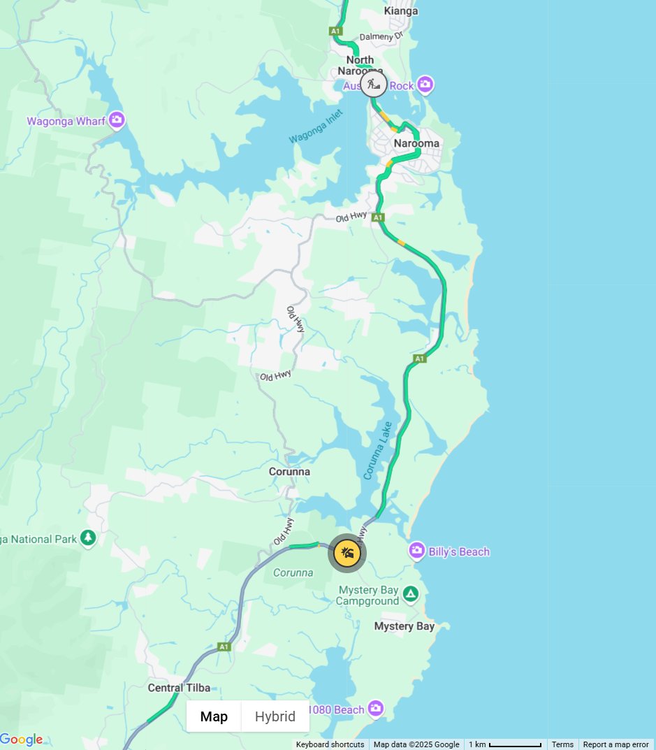 🔴CORUNNA (SOUTH OF NAROOMA): The Princes Hwy is closed in both directions near Mystery Bay Rd due to a crash involving a car &amp; caravan.

⌚Expect delays and check the latest: livetraffic.com/incident-detai…