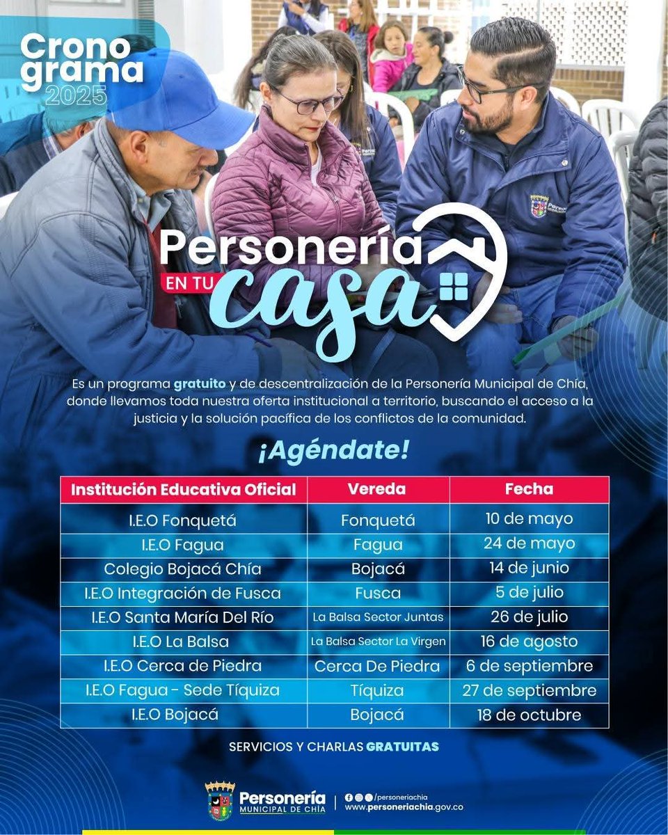 La Personería Municipal de Chía, invita a toda la comunidad de la vereda la Balsa sector las juntas y alrededores a la jornada del programa "Personería en tu Casa".👇🏼facebook.com/share/p/1AvQe1…

 <a href="/AlcaldiaChia/">Alcaldía de Chía</a> <a href="/concejochia/">@concejochia</a> <a href="/Canal8Regional/">Canal 8</a>