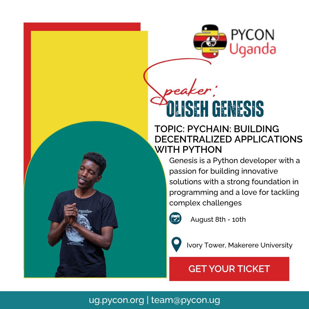 pyconuganda's tweet image. PyCon Uganda 2025 speaker: Oliseh Genesis
Topic: "PyChain: Building Decentralized Applications with Python."
Dive into Web3 with Python!
Register: ug.pycon.org
#PyConUganda2025 #PyCon #PyConUganda