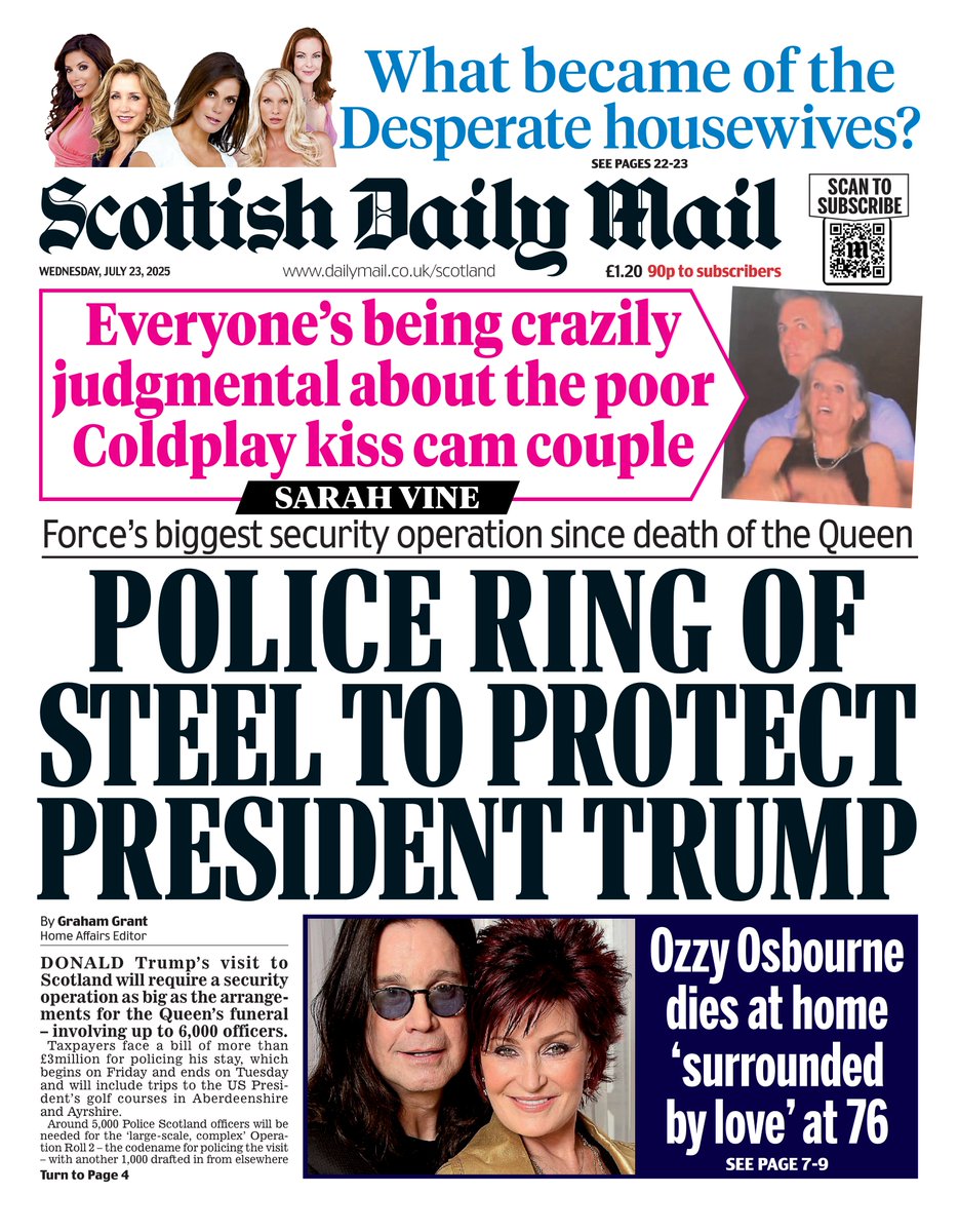 AndyGibsonTV's tweet image. "POLICE RING OF STEEL TO PROTECT PRESIDENT TRUMP"
@GrahamGGrant for @DailyMail
#DonaldTrump's visit to #Scotland will require a security operation as big as the arrangements for #QueenElizabeth's funeral.
#ScottishDailyMail
#TomorrowsPapersToday
#IBPAPERS