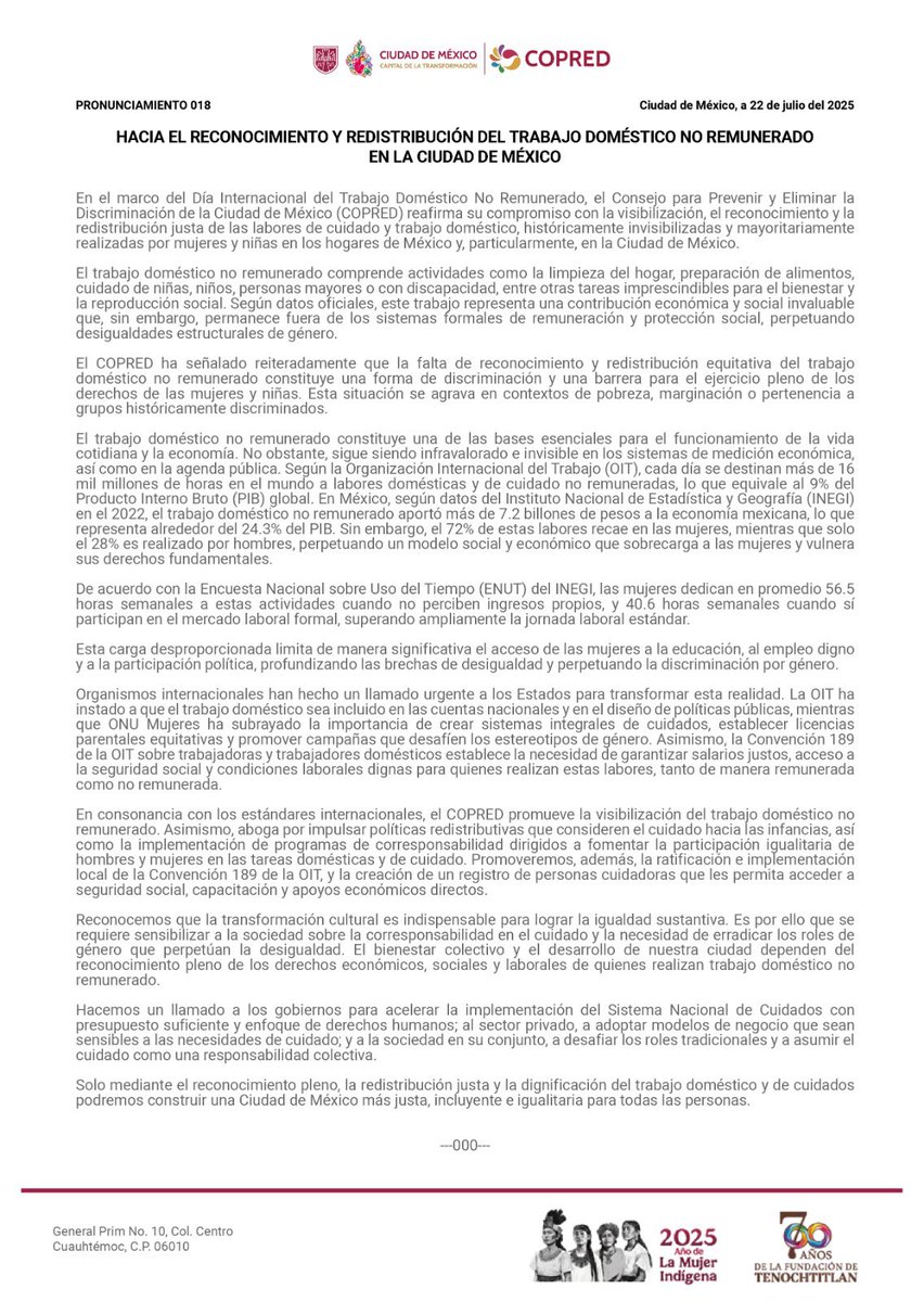 COPRED_CDMX's tweet image. #Pronunciamiento
El COPRED hace un llamado a visibilizar el trabajo doméstico no remunerado e impulsar políticas redistributivas que consideren el cuidado hacia las infancias y la participación igualitaria de hombres y mujeres en las tareas domésticas.
goo.su/WAOofV