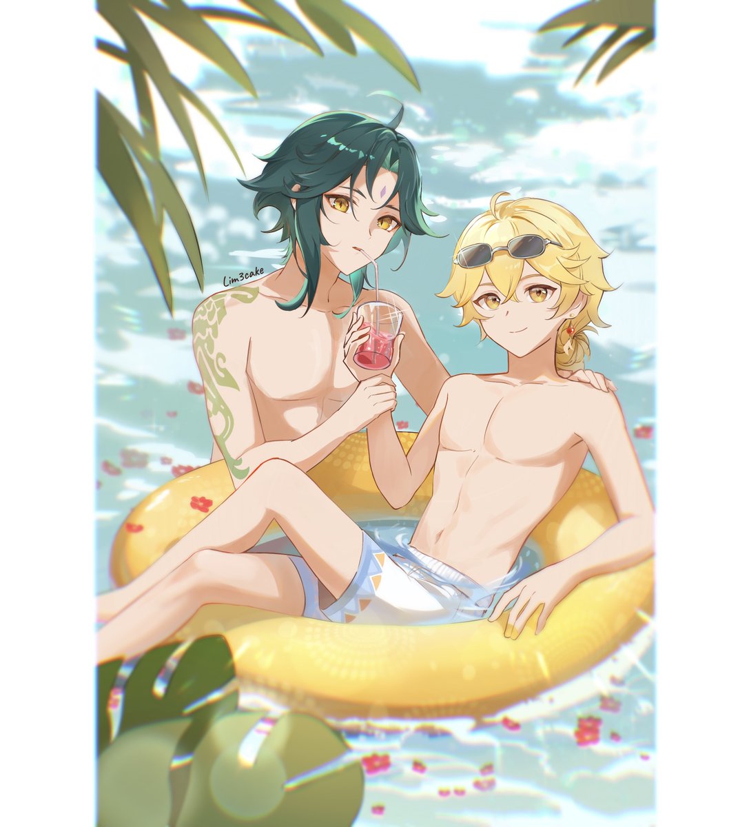 lim3cake's tweet image. Around one week till the summer patch 💃😁
(Xiao hairstyle a bit more curly today)

#XiaoAether #魈空