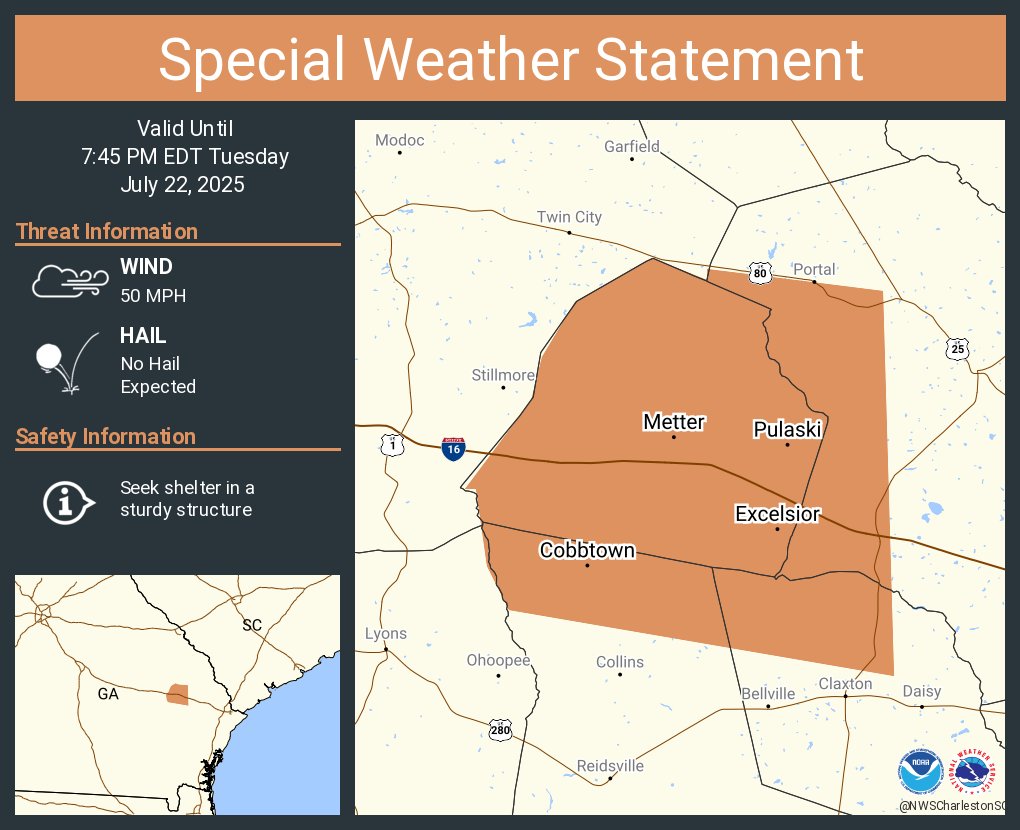 NWSCharlestonSC's tweet image. A special weather statement has been issued for Metter GA, Cobbtown GA and Pulaski GA until 7:45 PM EDT