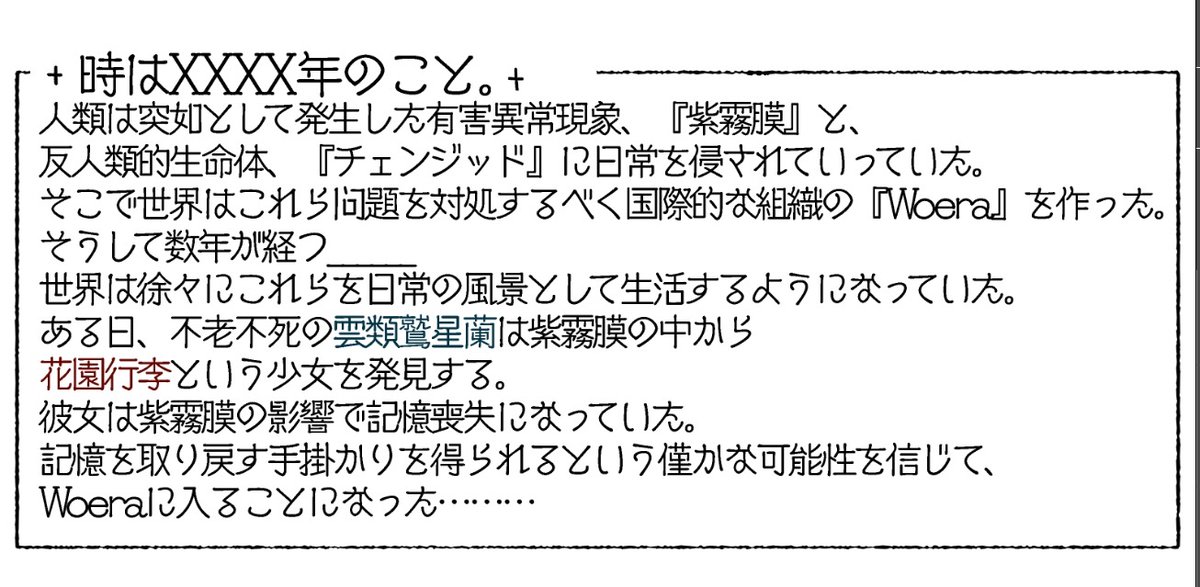Ikada_tur's tweet image. #時間がない人向けうちの創作あらすじ
記憶喪失の女の子が、文字通りのバケモン相手にバケモンみたいなやつと一緒に戦いつつ、世界と自分の正体を探る話
