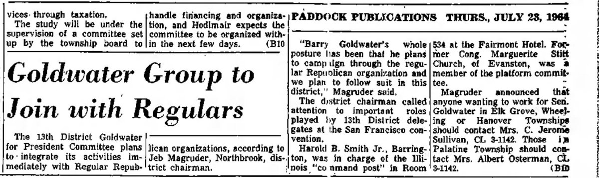 jebbiearchive's tweet image. “The 13th District Goldwater for President Committee plans to integrate its activities immediately with Regular Republican organizations, according to Jeb Magruder, Northbrook, district chairman.”
The Daily Herald — July 23, 1964