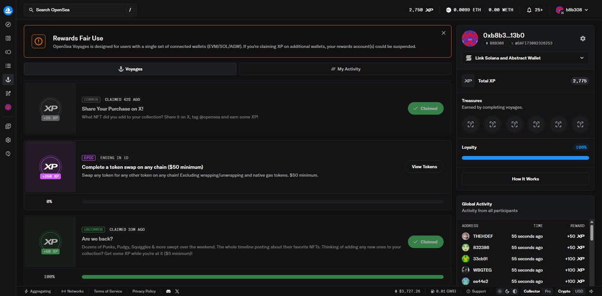 7.23日 今天opensea 可以去做了  更新了4个任务
1.在任意链上购买nft超过10美金
2.在任意链上购买nft超过5美金
3.在任意链上交换代笔超过50美金
4.分享NFT到推特 需要艾特opensea 不然过不了任务
推荐第三个任务先别做 先做nft和社交任务 交换代币的任务还有2天  到时候和新任务一起做 省点gas费