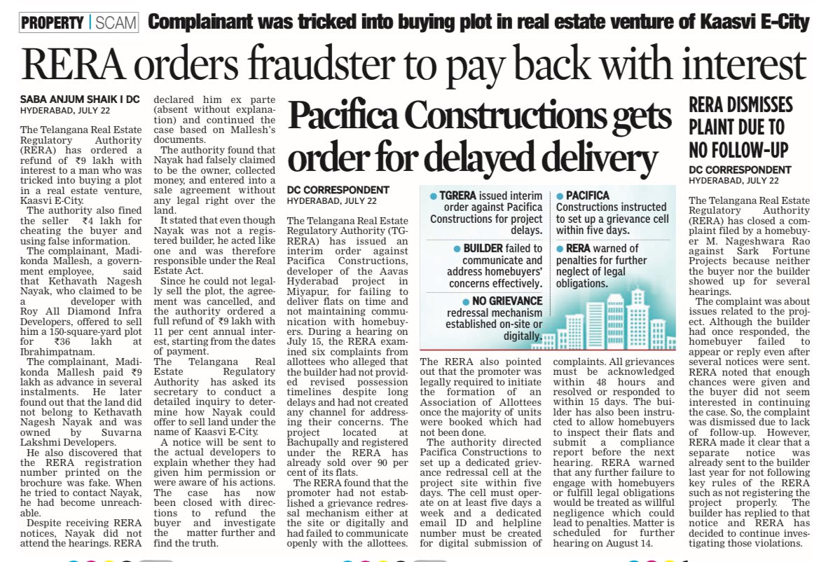 RERA has ordered a refund of Rs 9 lakh with interest to a man who was tricked into buying a plot in a real estate venture.

deccanchronicle.com/southern-state…

deccanchronicle.com/southern-state…