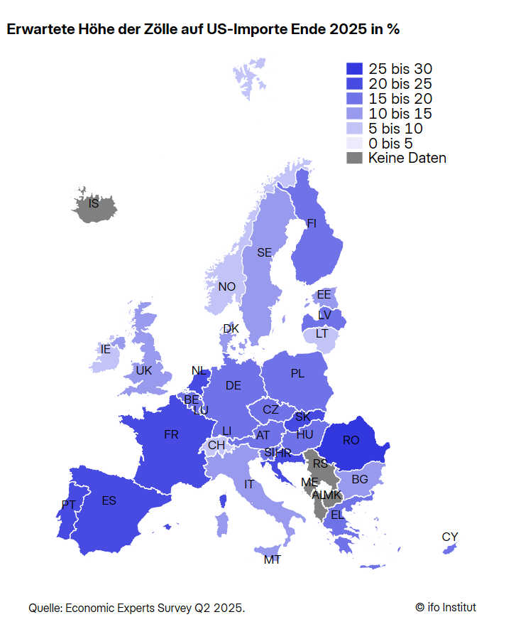 ifo_Institut's tweet image. #Ökonomen in Europa erwarten bis Jahresende deutlich höhere Zölle auf US-Importe. Das zeigt die internationale Umfrage #EconomicExpertsSurvey (EES).
PM 👉ifo.de/pressemitteilu…
Umfrage 👉ifo.de/fakten/2025-07… #ifoUmfrage