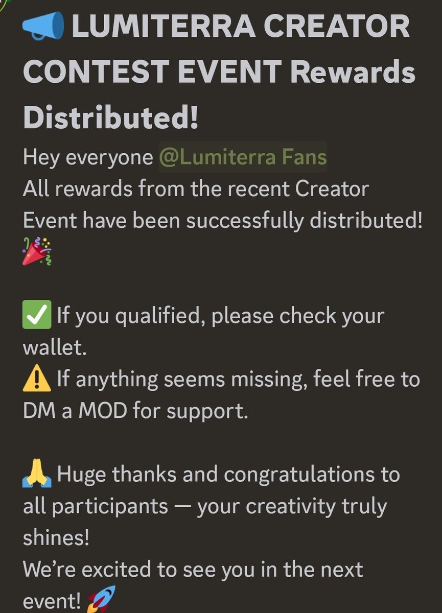 Congrats to all winner <a href="/LumiterraGame/">Lumiterra (mainnet arc)</a> your reward already distributed... you can stake what you get in megadrop..