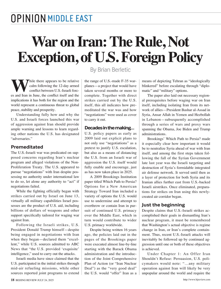 BeijingReview's tweet image. #PacificDialogue A former U.S. Marine turned geopolitical analyst @BrianJBerletic warned nations targeted by Washington: Recognize the “diplomatic cover → military escalation” playbook. As detailed in the 2009 Brookings report Which Path to Persia? Options for a New American…