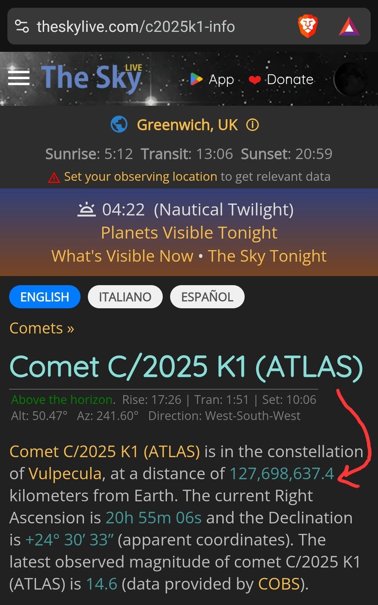 Scubadadoo's tweet image. C/2025 K1, furthering the unusual nature of this comet on a hyperbolic unbound trajectory, located near the constellations Vulpecula and Cygnus* (a very peculiar stargate),
this vid unveils a neat little countdown of a distance to its
arrival 👀
at the time of this post 🤔