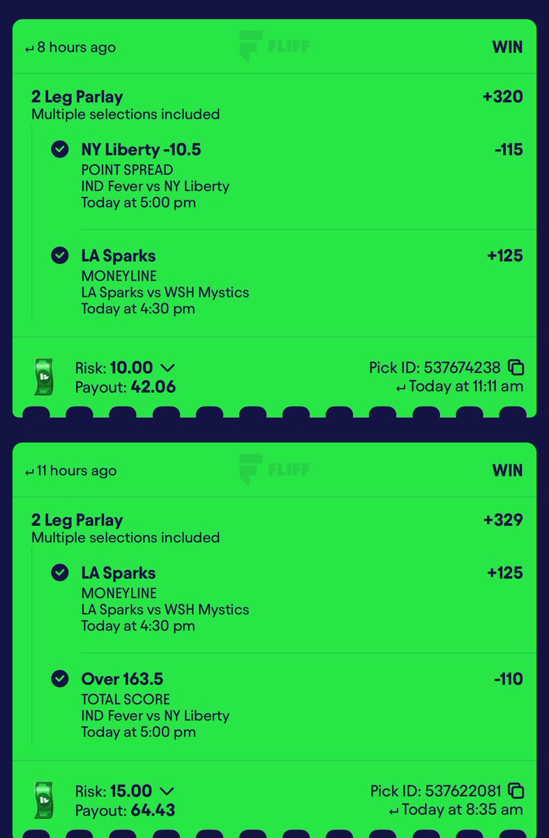 Msmelissairene's tweet image. The Fever may have lost (not a surprise there b/c they ain’t got CC) but I def won with these parlays ($39 bucks for $231 profit🤑) #Sleeper #fliff