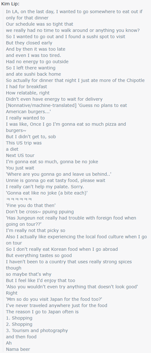 litell_johnn's tweet image. Chat highlights: Kim Lip is open to trying new food abroad (250723)
Text links:
reddit.com/r/LOONA/commen…